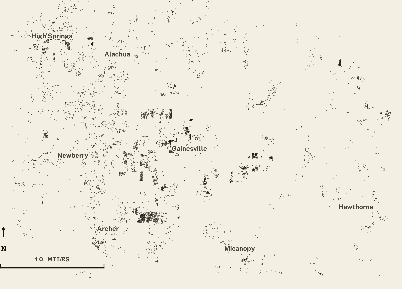 Survey-style map of 7,866 Alachua County homes on septic, 15+ years in the ground, shown as ink dots on manila paper