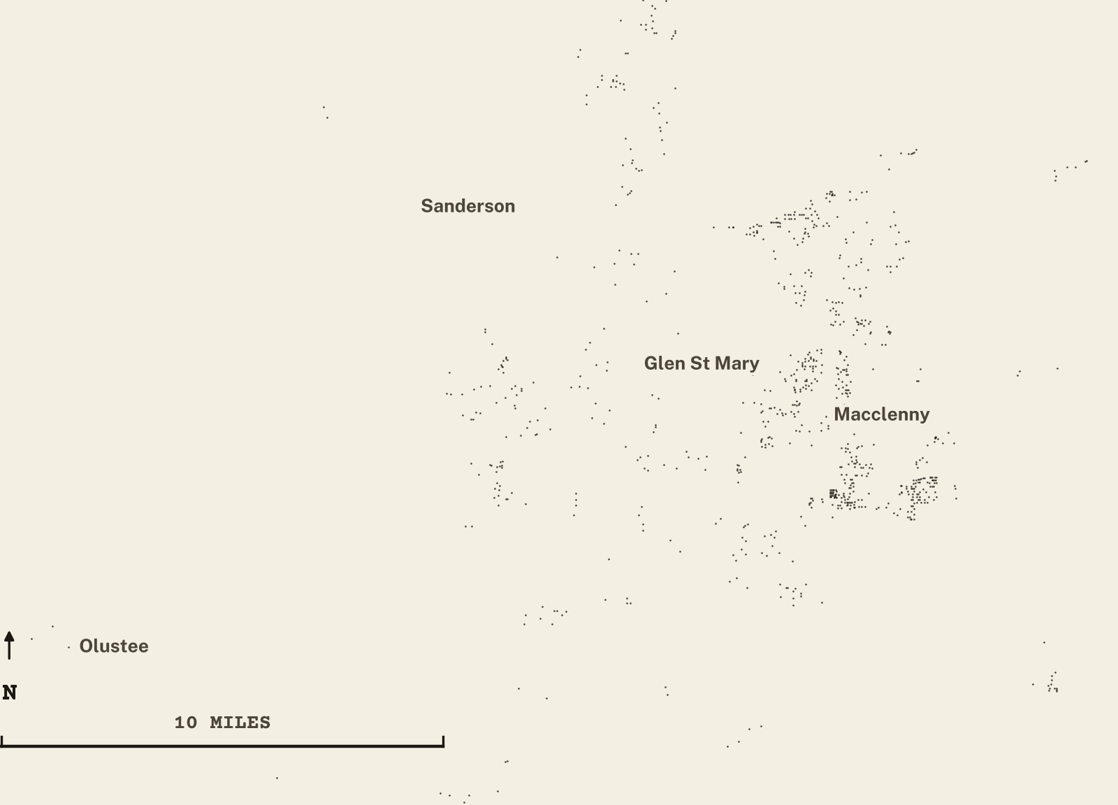 Survey-style map of 874 Baker County homes on septic, 15+ years in the ground, shown as ink dots on manila paper