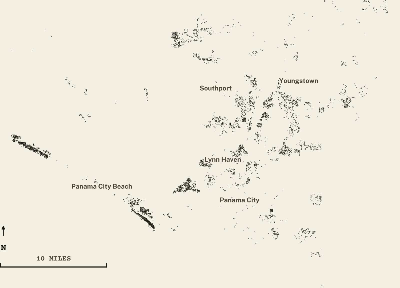 Survey-style map of 6,736 Bay County homes on septic, 15+ years in the ground, shown as ink dots on manila paper