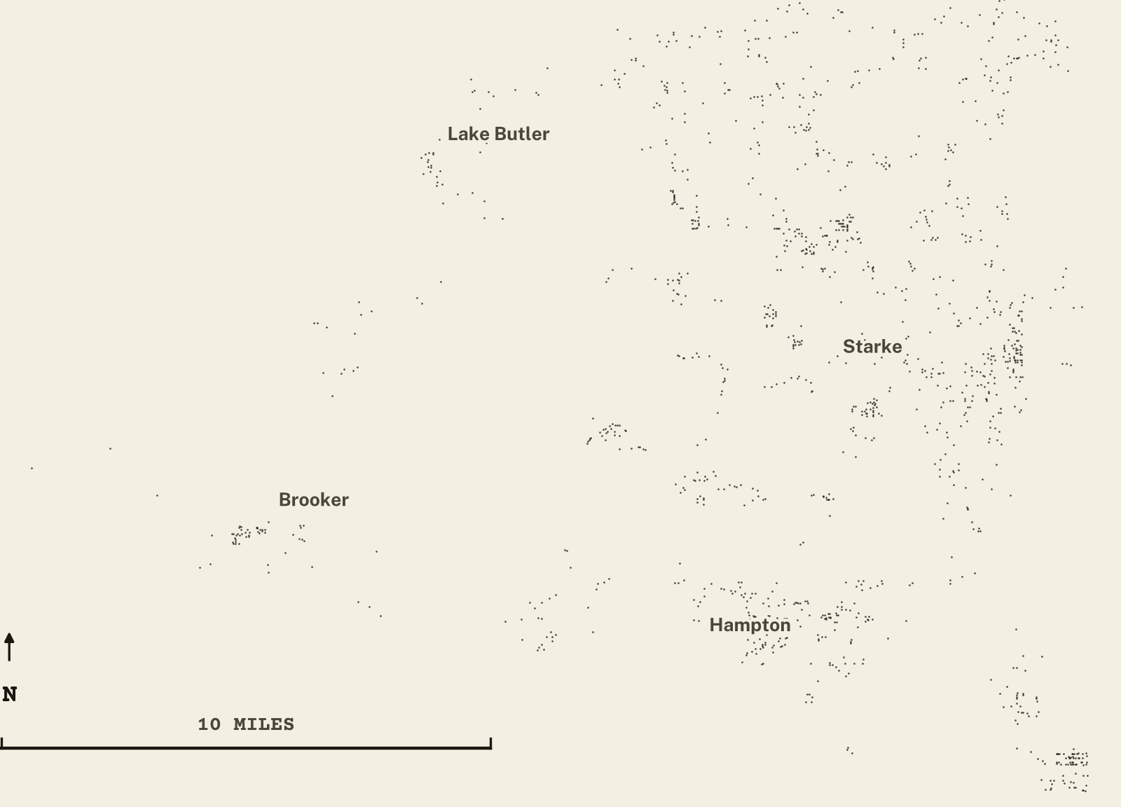 Survey-style map of 1,840 Bradford County homes on septic, 15+ years in the ground, shown as ink dots on manila paper