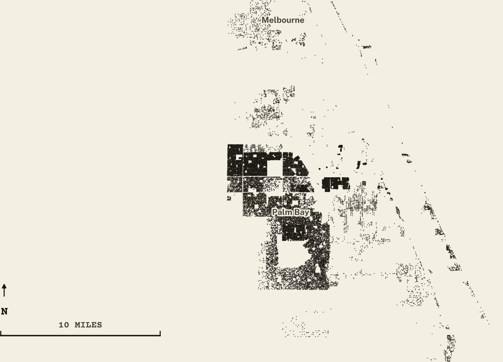 Survey-style map of 38,069 Brevard County homes on septic, 15+ years in the ground, shown as ink dots on manila paper