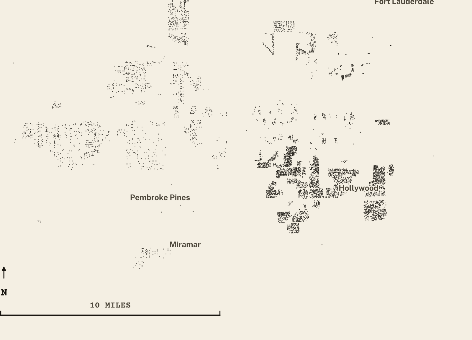 Survey-style map of 8,827 Broward County homes on septic, 15+ years in the ground, shown as ink dots on manila paper