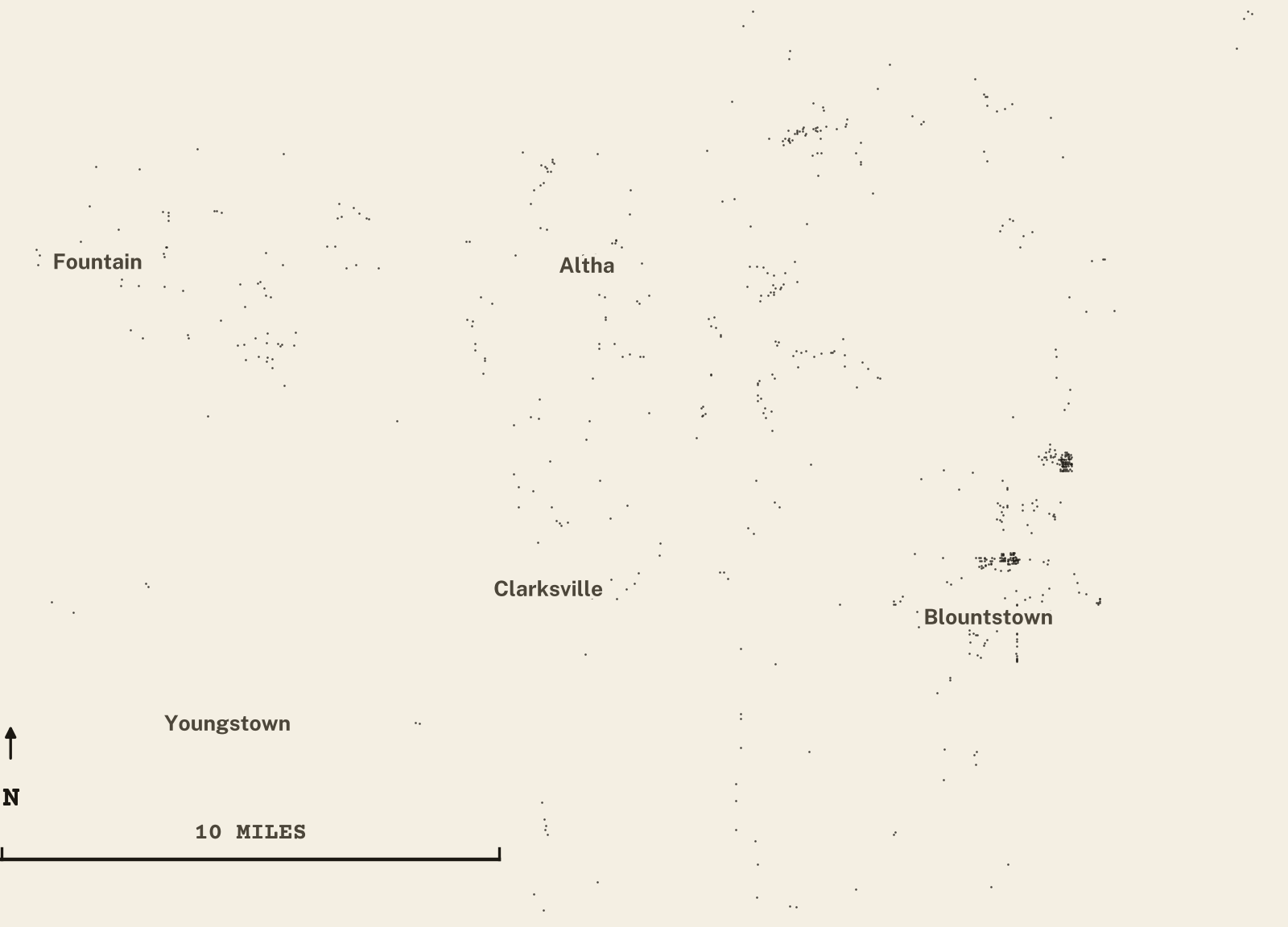 Survey-style map of 706 Calhoun County homes on septic, 15+ years in the ground, shown as ink dots on manila paper