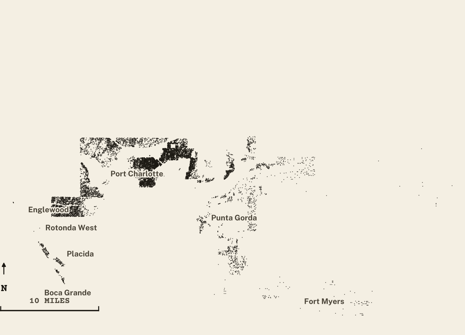 Survey-style map of 13,456 Charlotte County homes on septic, 15+ years in the ground, shown as ink dots on manila paper