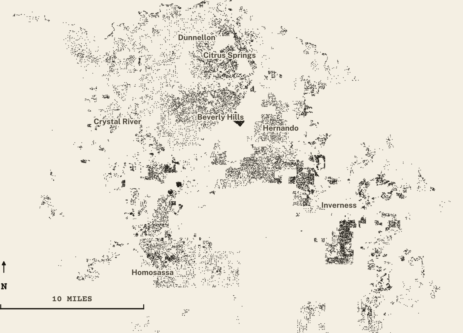 Survey-style map of 23,943 Citrus County homes on septic, 15+ years in the ground, shown as ink dots on manila paper