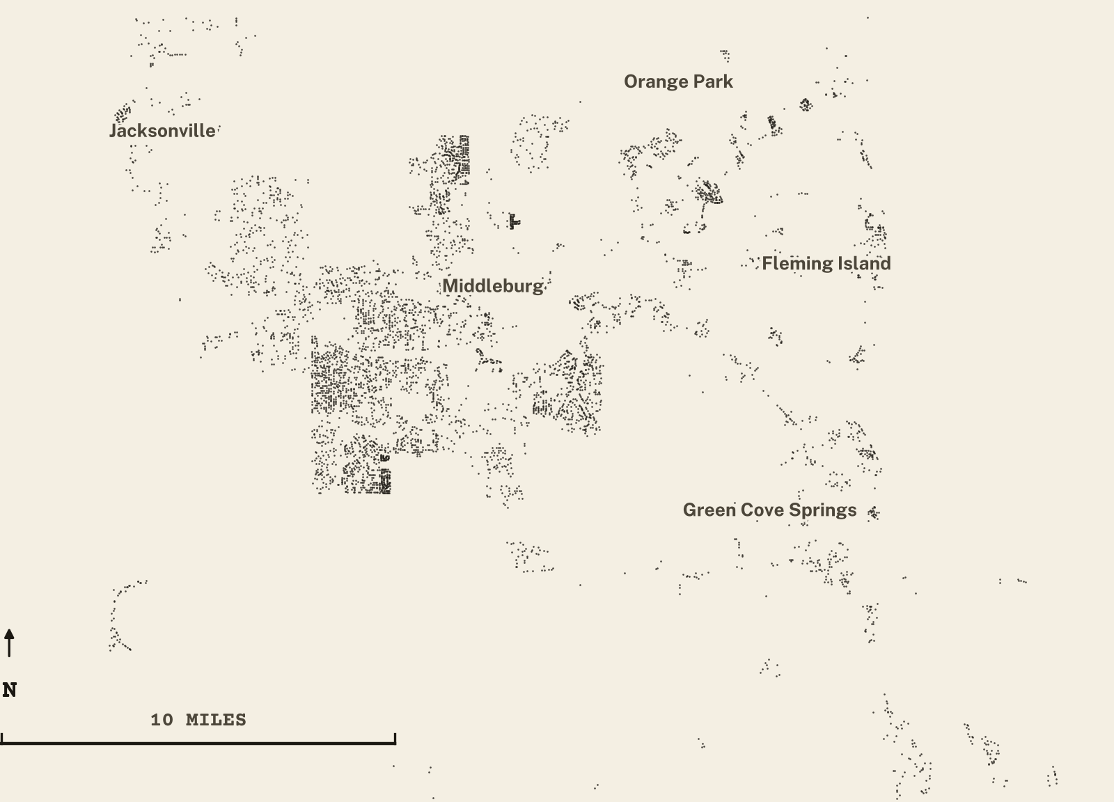 Survey-style map of 7,464 Clay County homes on septic, 15+ years in the ground, shown as ink dots on manila paper