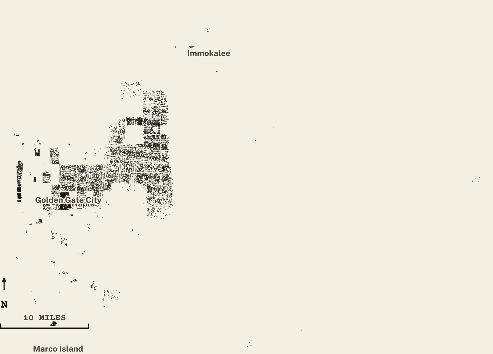 Survey-style map of 10,826 Collier County homes on septic, 15+ years in the ground, shown as ink dots on manila paper