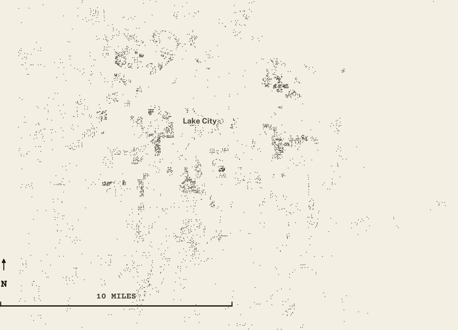 Survey-style map of 5,821 Columbia County homes on septic, 15+ years in the ground, shown as ink dots on manila paper