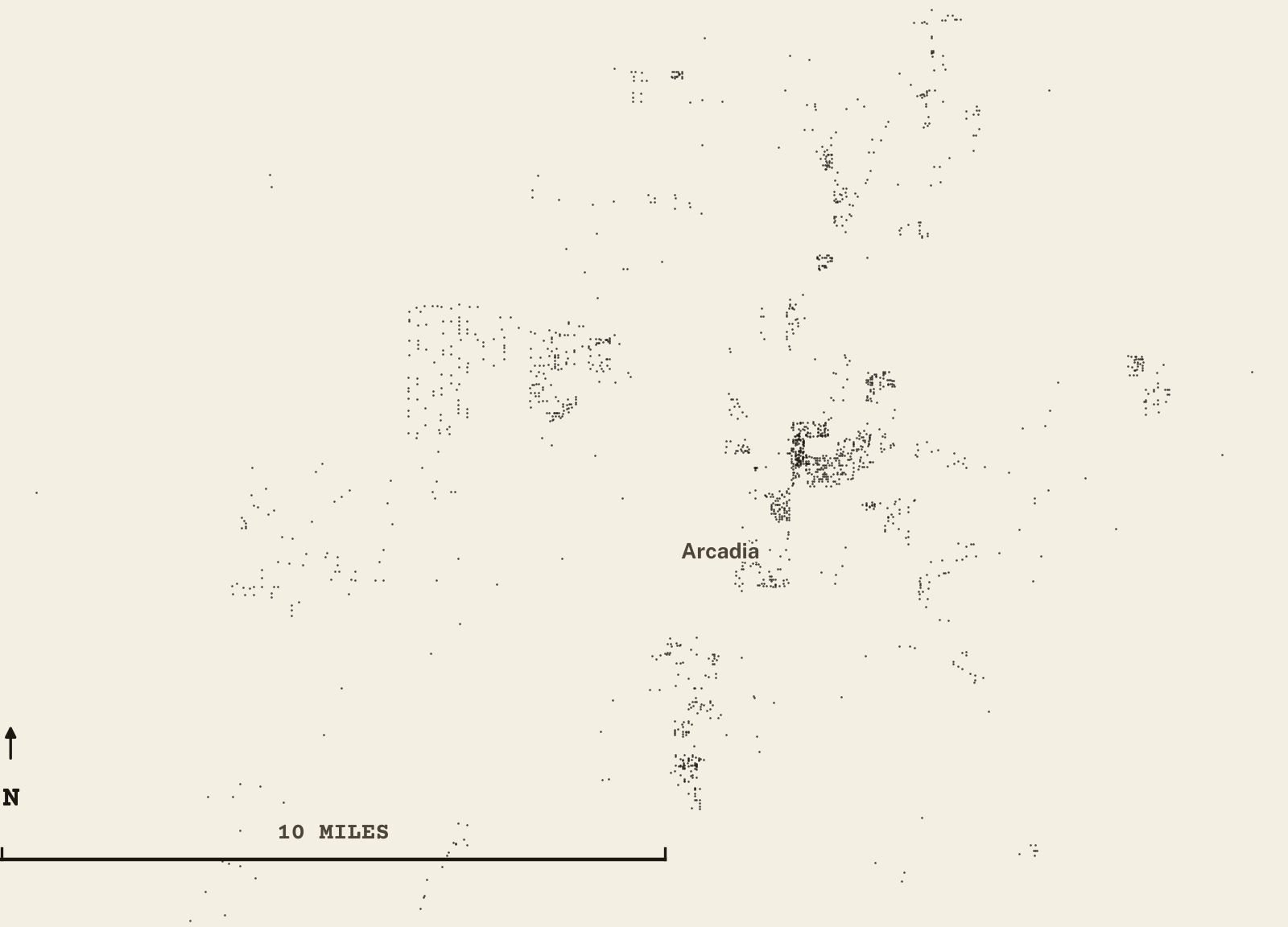 Survey-style map of 1,982 DeSoto County homes on septic, 15+ years in the ground, shown as ink dots on manila paper