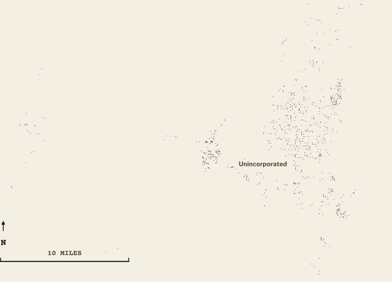 Survey-style map of 887 Dixie County homes on septic, 15+ years in the ground, shown as ink dots on manila paper