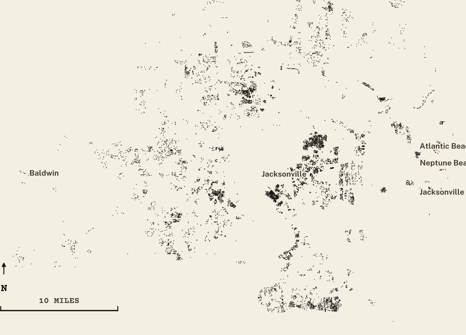 Survey-style map of 11,195 Duval County homes on septic, 15+ years in the ground, shown as ink dots on manila paper