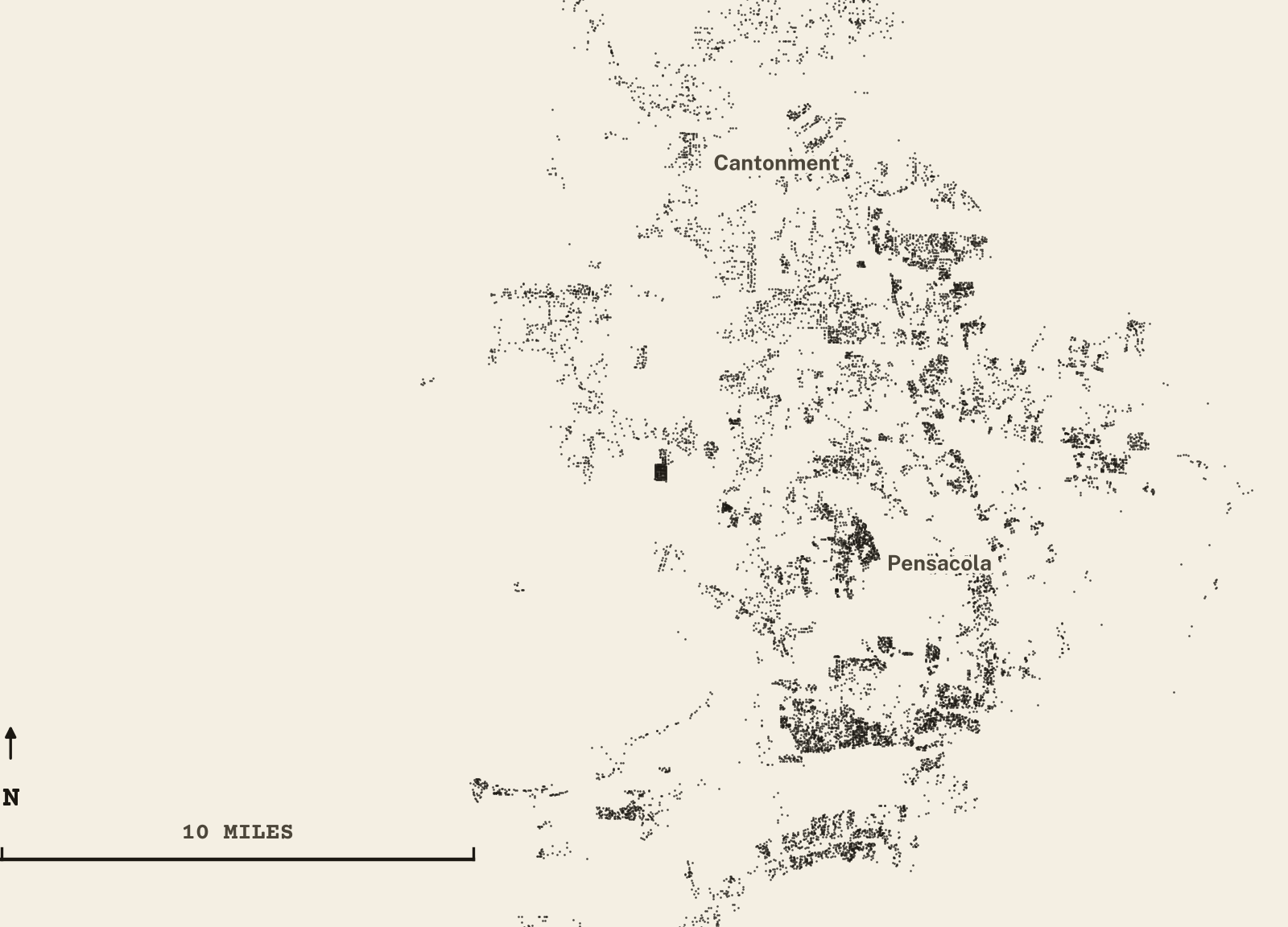 Survey-style map of 14,364 Escambia County homes on septic, 15+ years in the ground, shown as ink dots on manila paper