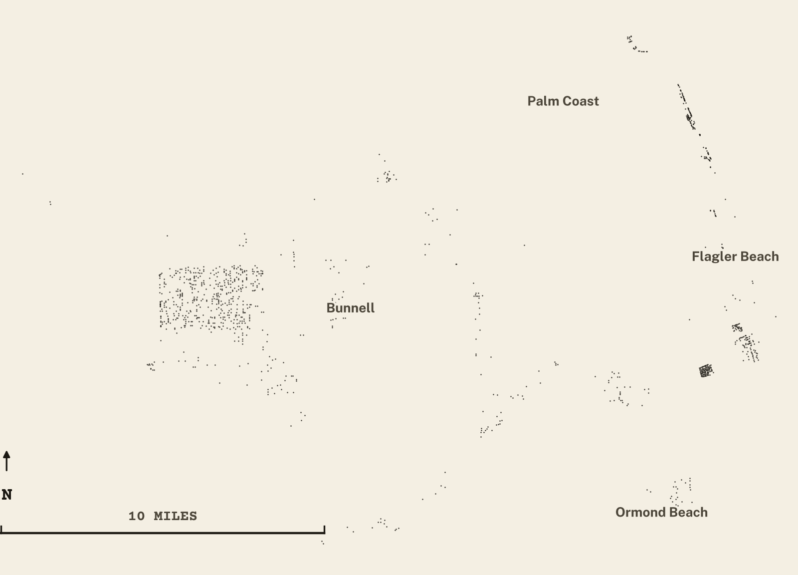 Survey-style map of 1,570 Flagler County homes on septic, 15+ years in the ground, shown as ink dots on manila paper