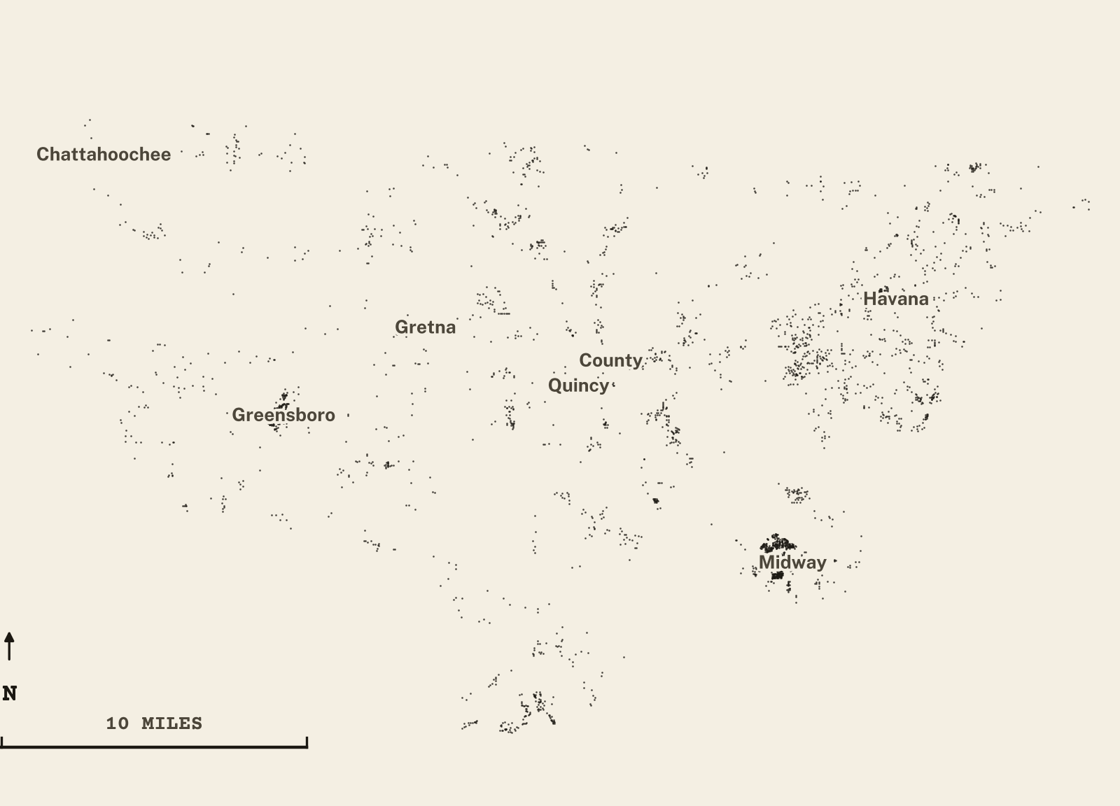 Survey-style map of 2,732 Gadsden County homes on septic, 15+ years in the ground, shown as ink dots on manila paper