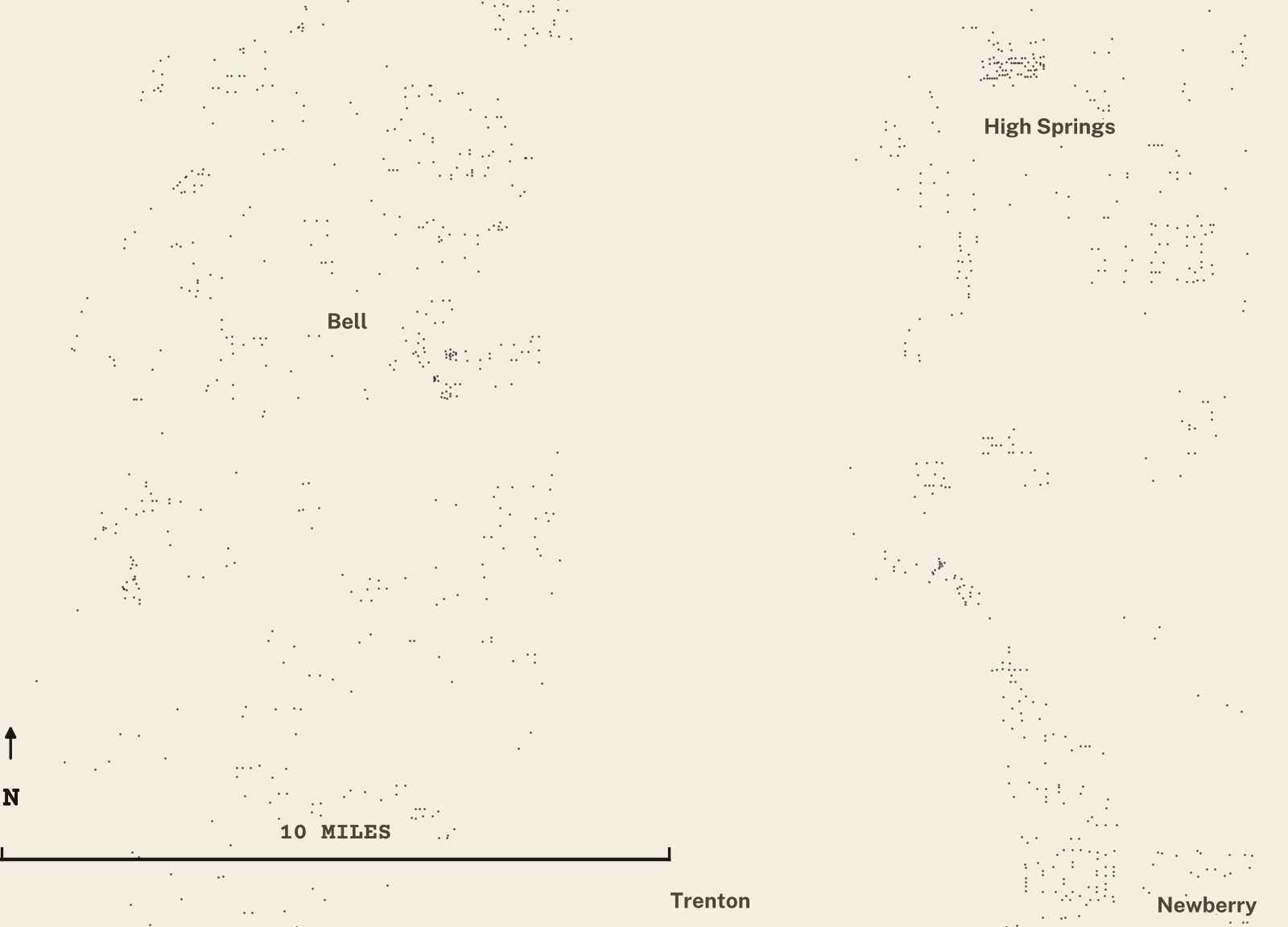 Survey-style map of 1,563 Gilchrist County homes on septic, 15+ years in the ground, shown as ink dots on manila paper