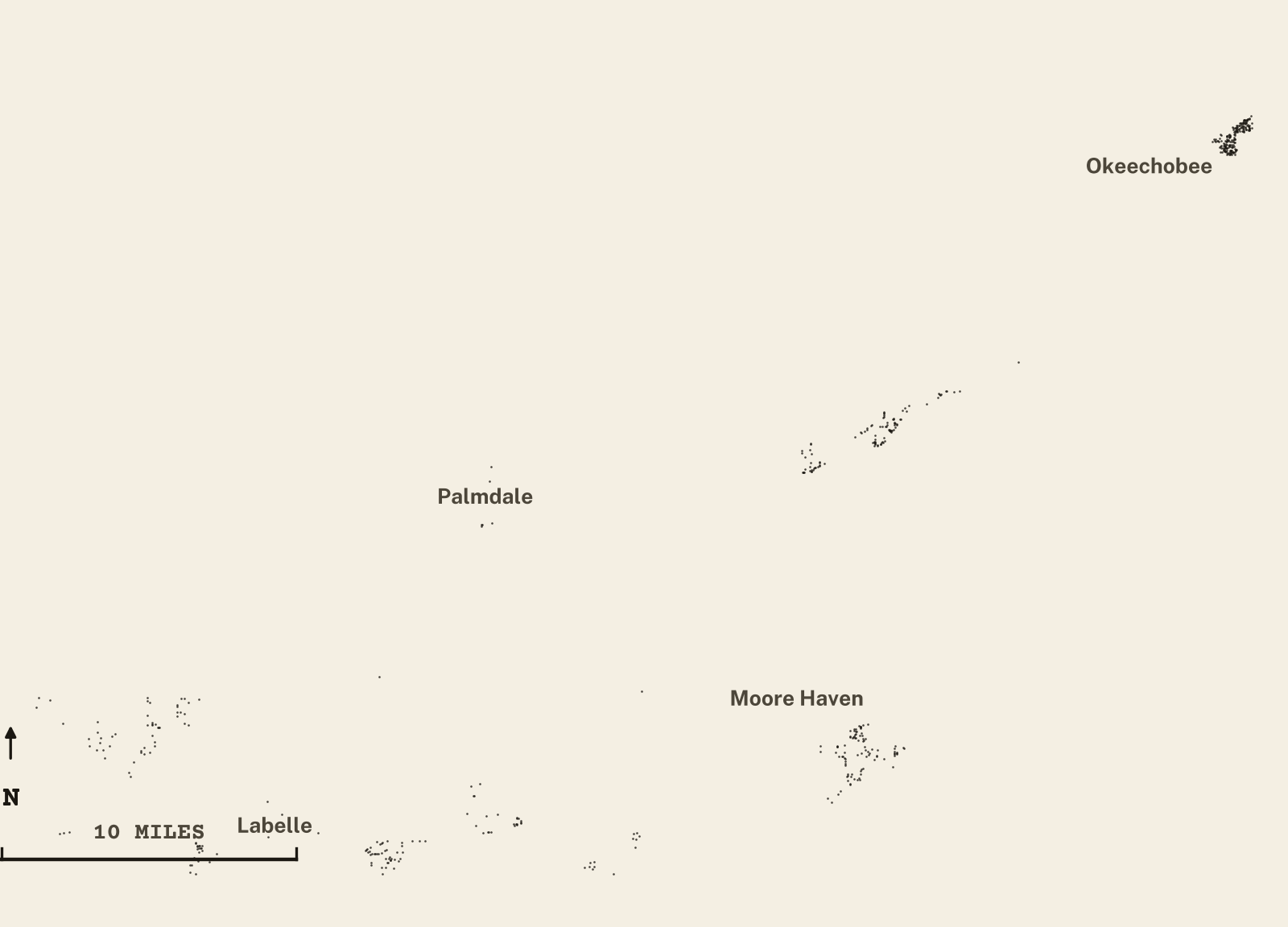 Survey-style map of 559 Glades County homes on septic, 15+ years in the ground, shown as ink dots on manila paper