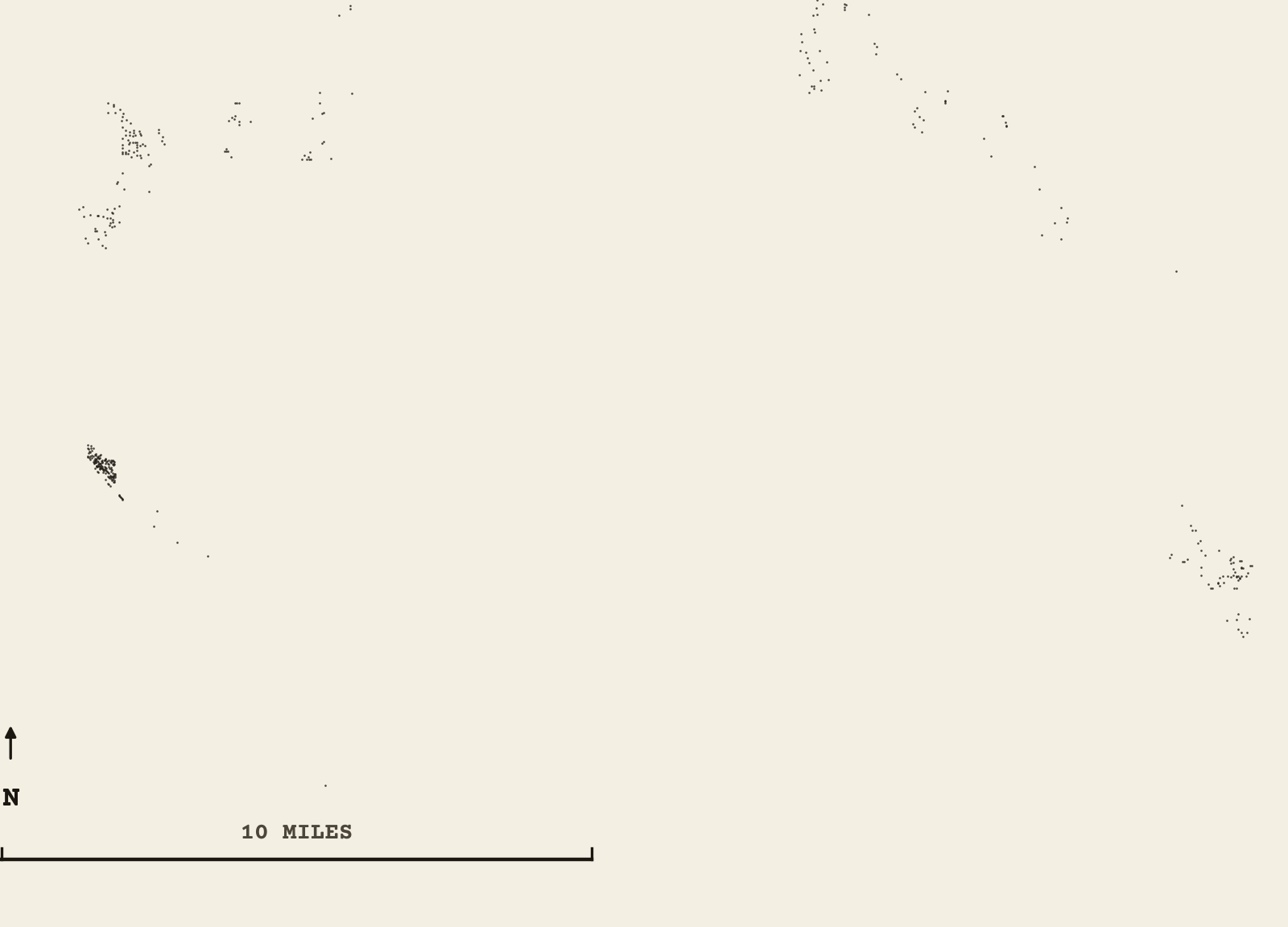 Survey-style map of 1,208 Gulf County homes on septic, 15+ years in the ground, shown as ink dots on manila paper