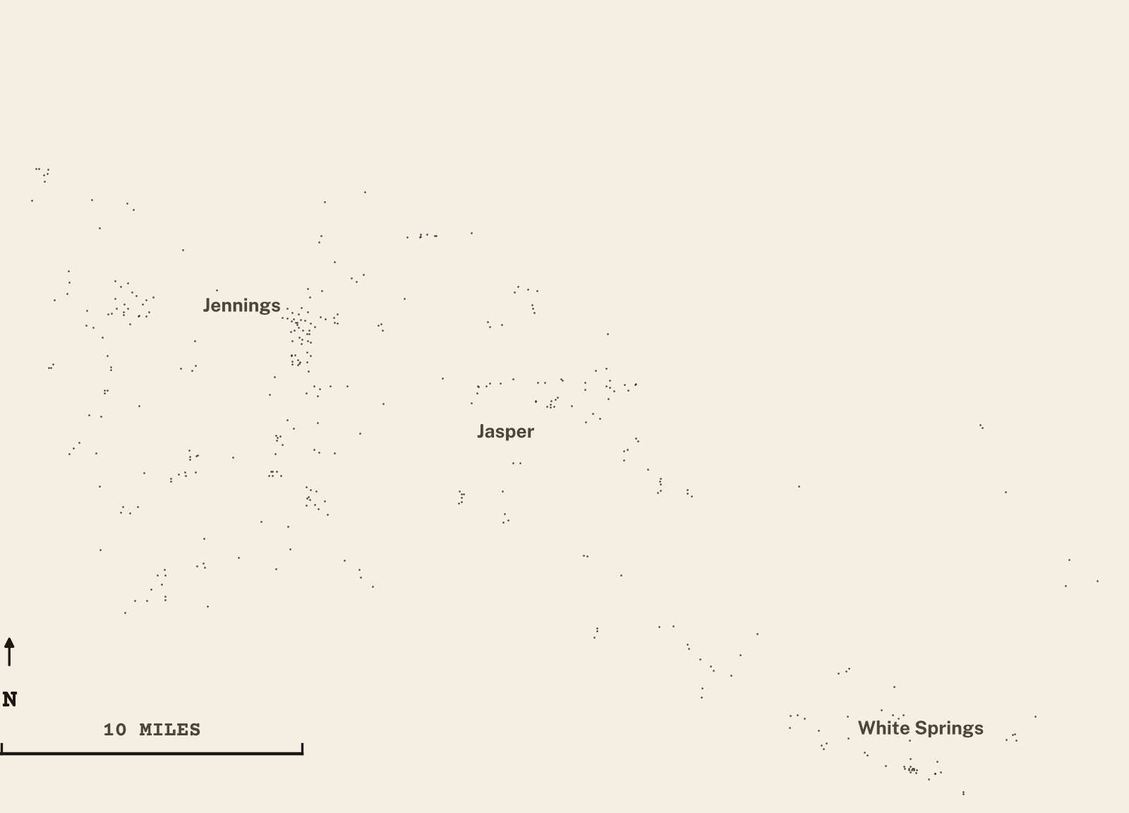 Survey-style map of 370 Hamilton County homes on septic, 15+ years in the ground, shown as ink dots on manila paper