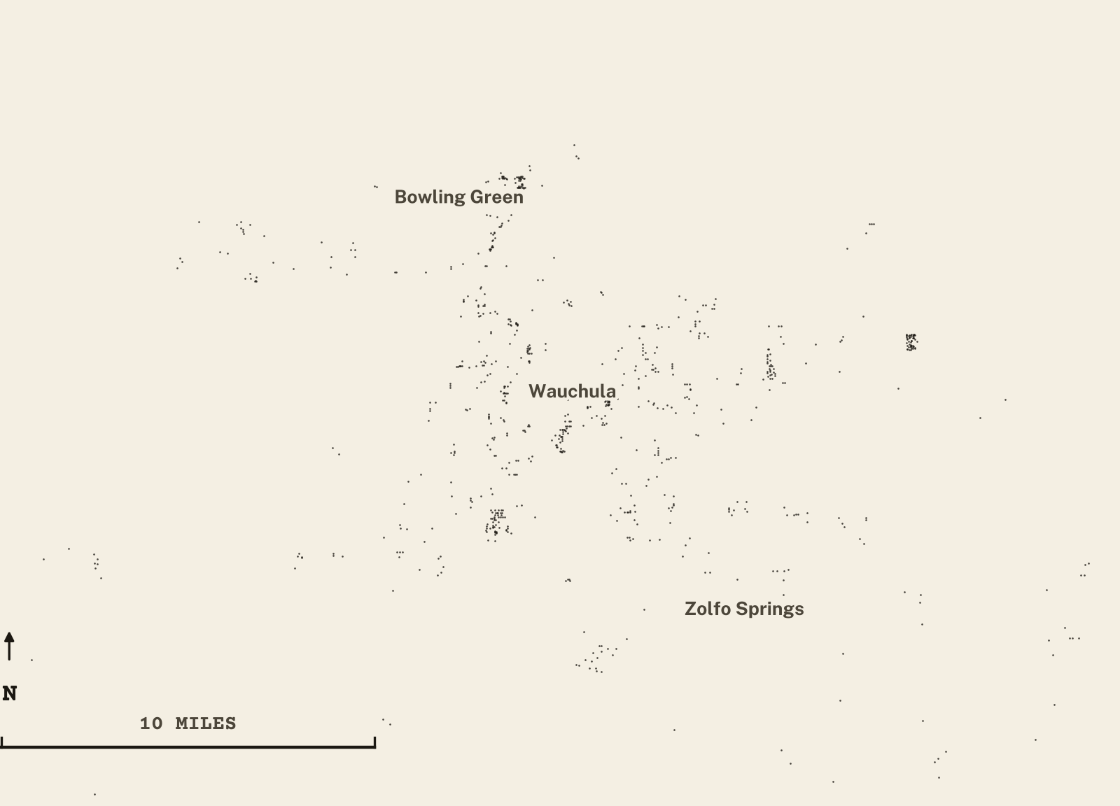 Survey-style map of 836 Hardee County homes on septic, 15+ years in the ground, shown as ink dots on manila paper