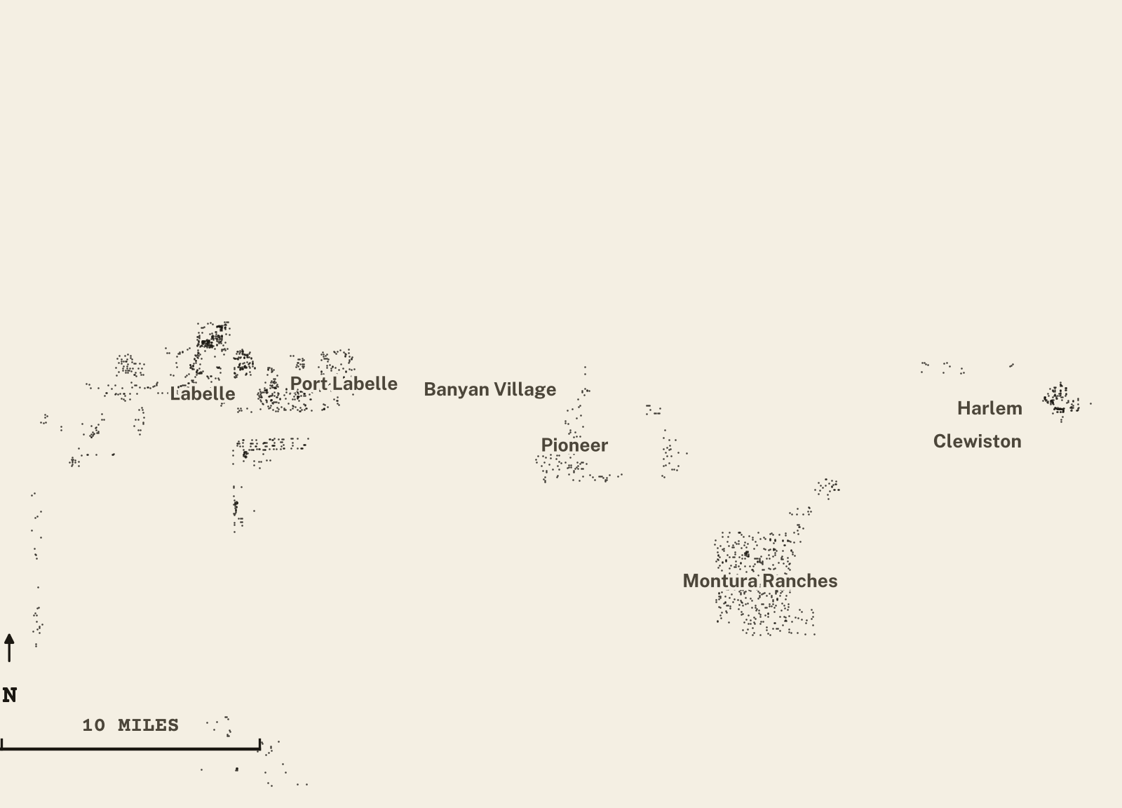 Survey-style map of 1,860 Hendry County homes on septic, 15+ years in the ground, shown as ink dots on manila paper
