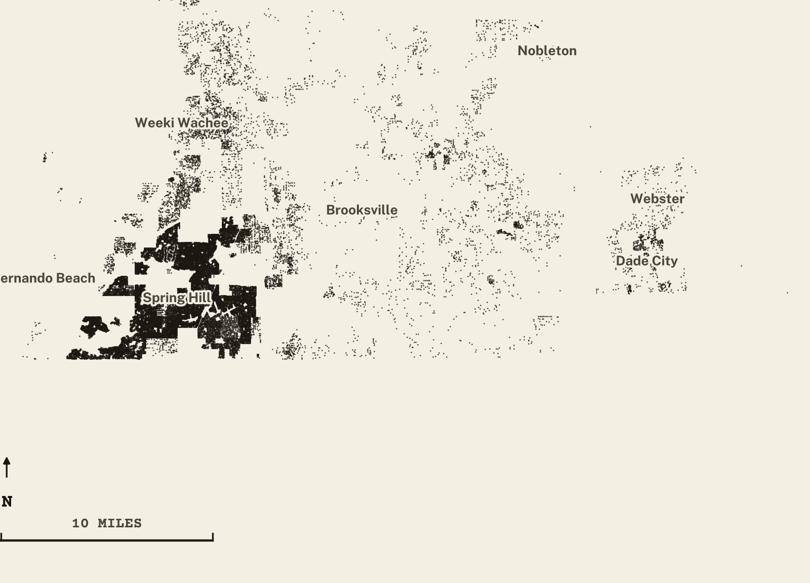 Survey-style map of 33,976 Hernando County homes on septic, 15+ years in the ground, shown as ink dots on manila paper
