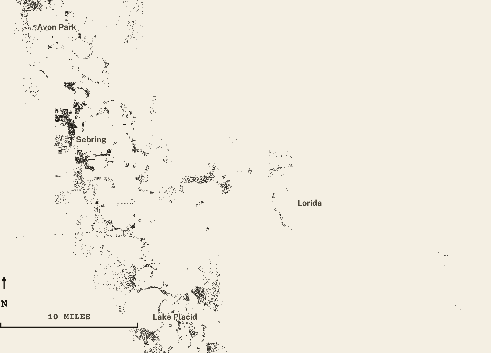 Survey-style map of 8,671 Highlands County homes on septic, 15+ years in the ground, shown as ink dots on manila paper
