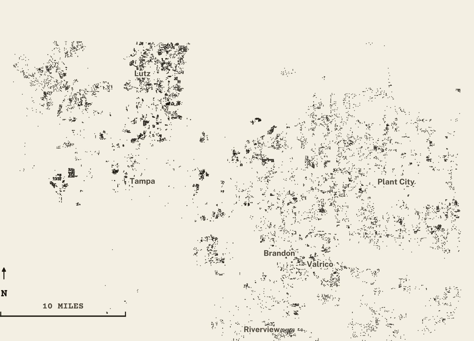 Survey-style map of 16,259 Hillsborough County homes on septic, 15+ years in the ground, shown as ink dots on manila paper