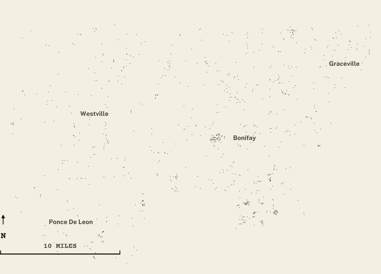 Survey-style map of 858 Holmes County homes on septic, 15+ years in the ground, shown as ink dots on manila paper