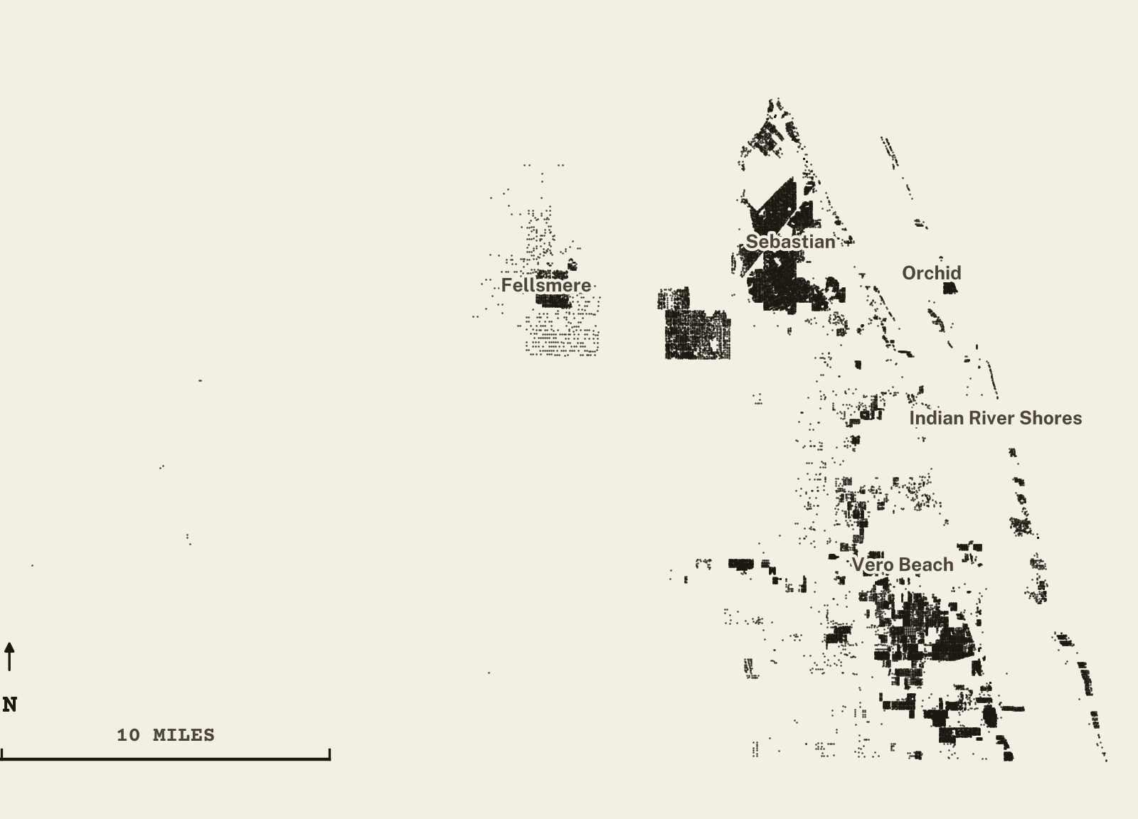 Survey-style map of 28,039 Indian River County homes on septic, 15+ years in the ground, shown as ink dots on manila paper