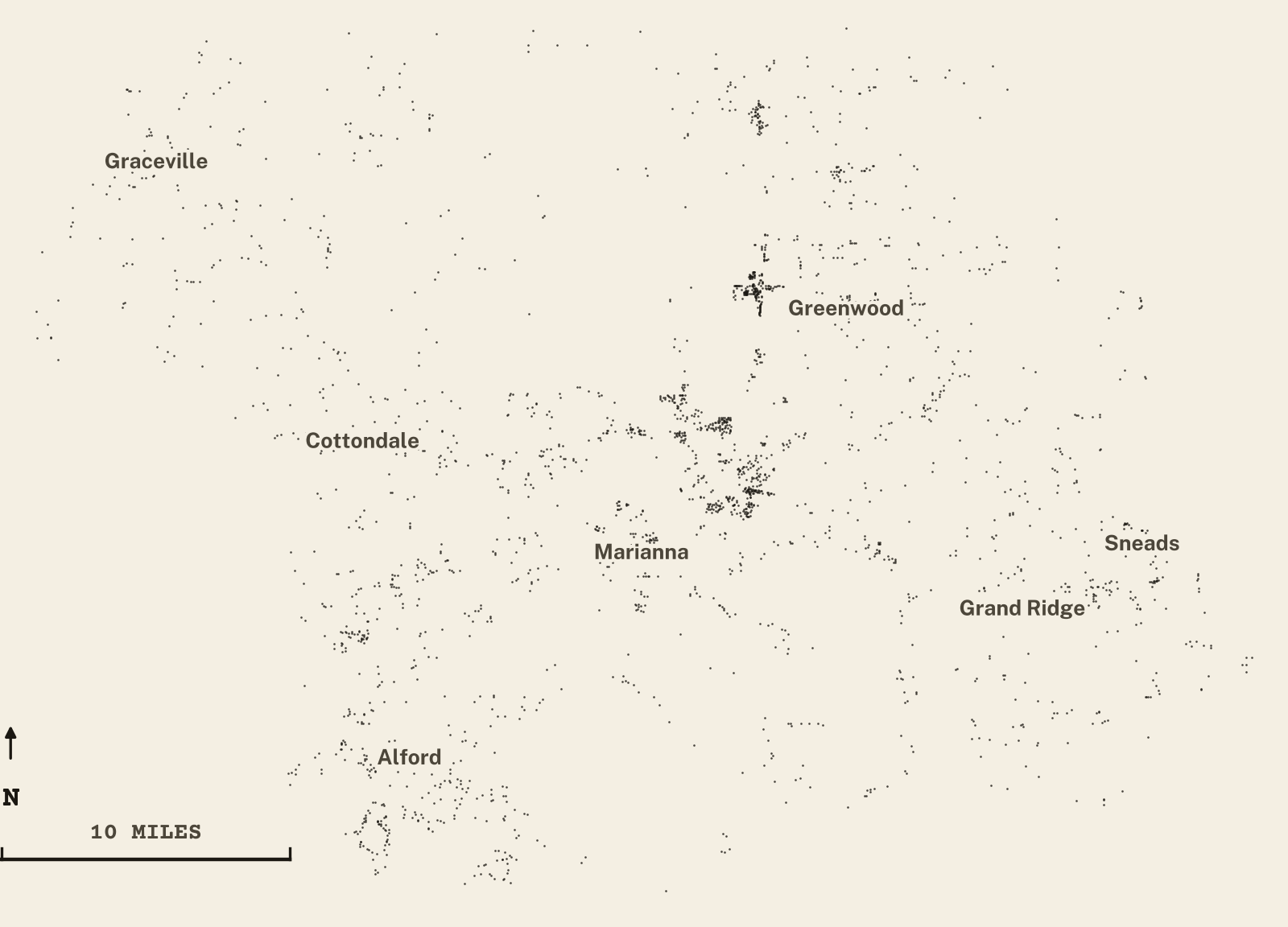 Survey-style map of 2,368 Jackson County homes on septic, 15+ years in the ground, shown as ink dots on manila paper