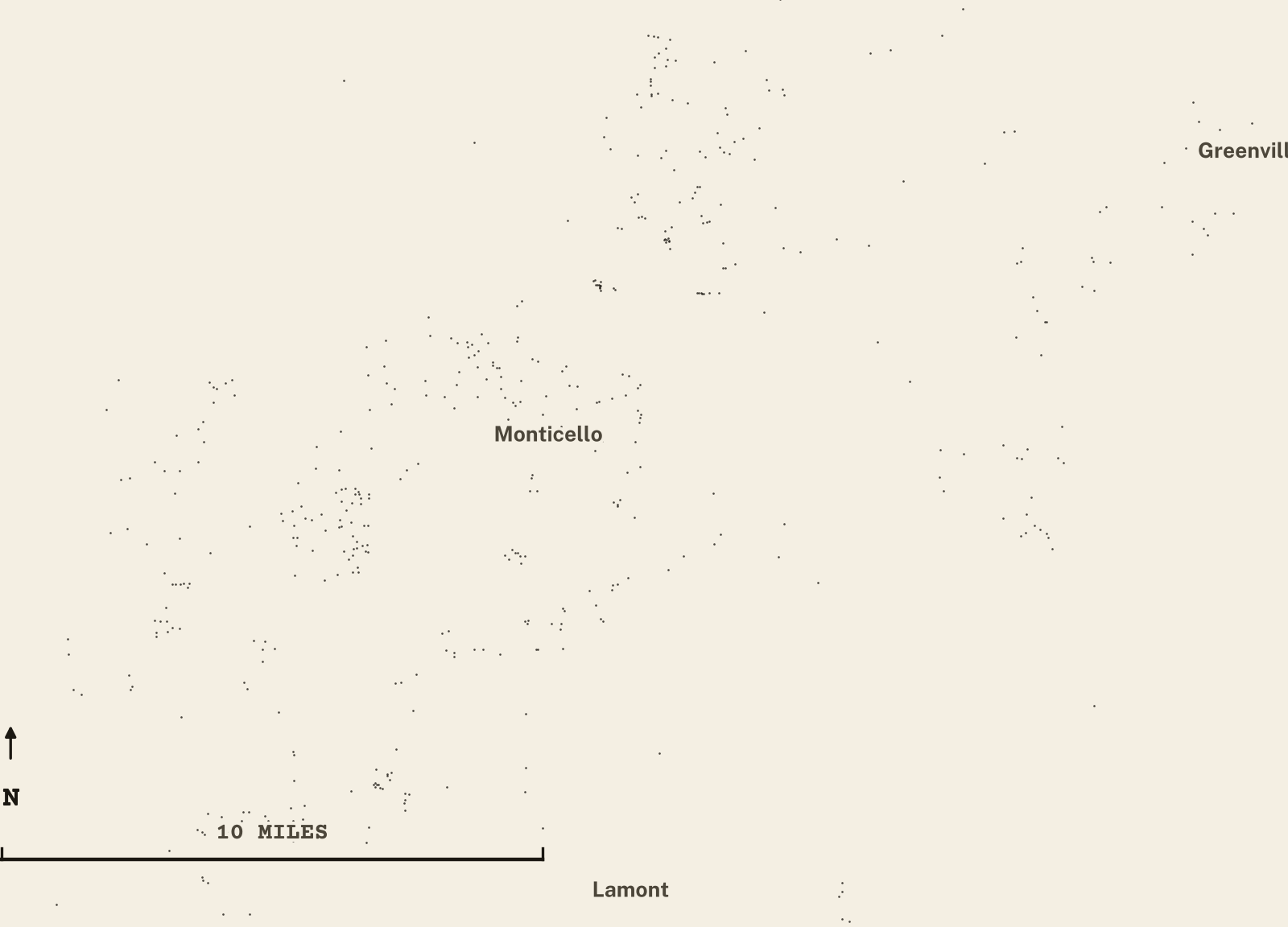 Survey-style map of 529 Jefferson County homes on septic, 15+ years in the ground, shown as ink dots on manila paper