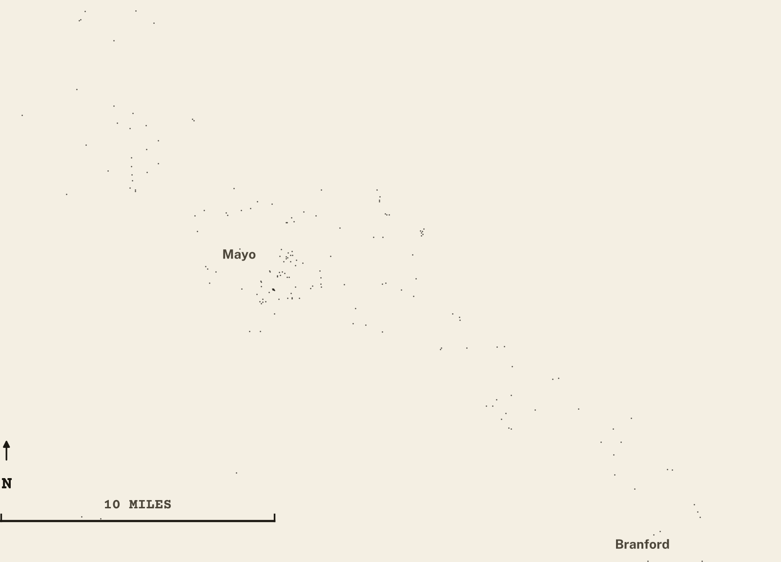 Survey-style map of 212 Lafayette County homes on septic, 15+ years in the ground, shown as ink dots on manila paper