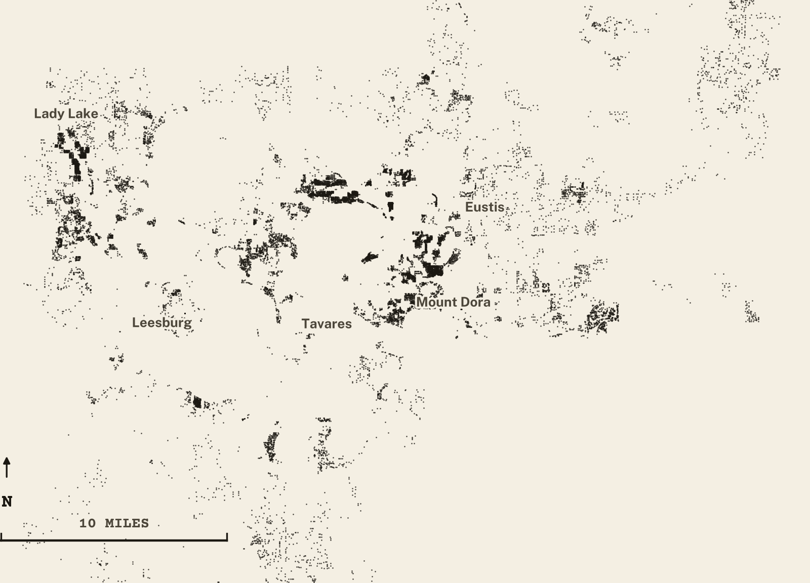 Survey-style map of 24,905 Lake County homes on septic, 15+ years in the ground, shown as ink dots on manila paper