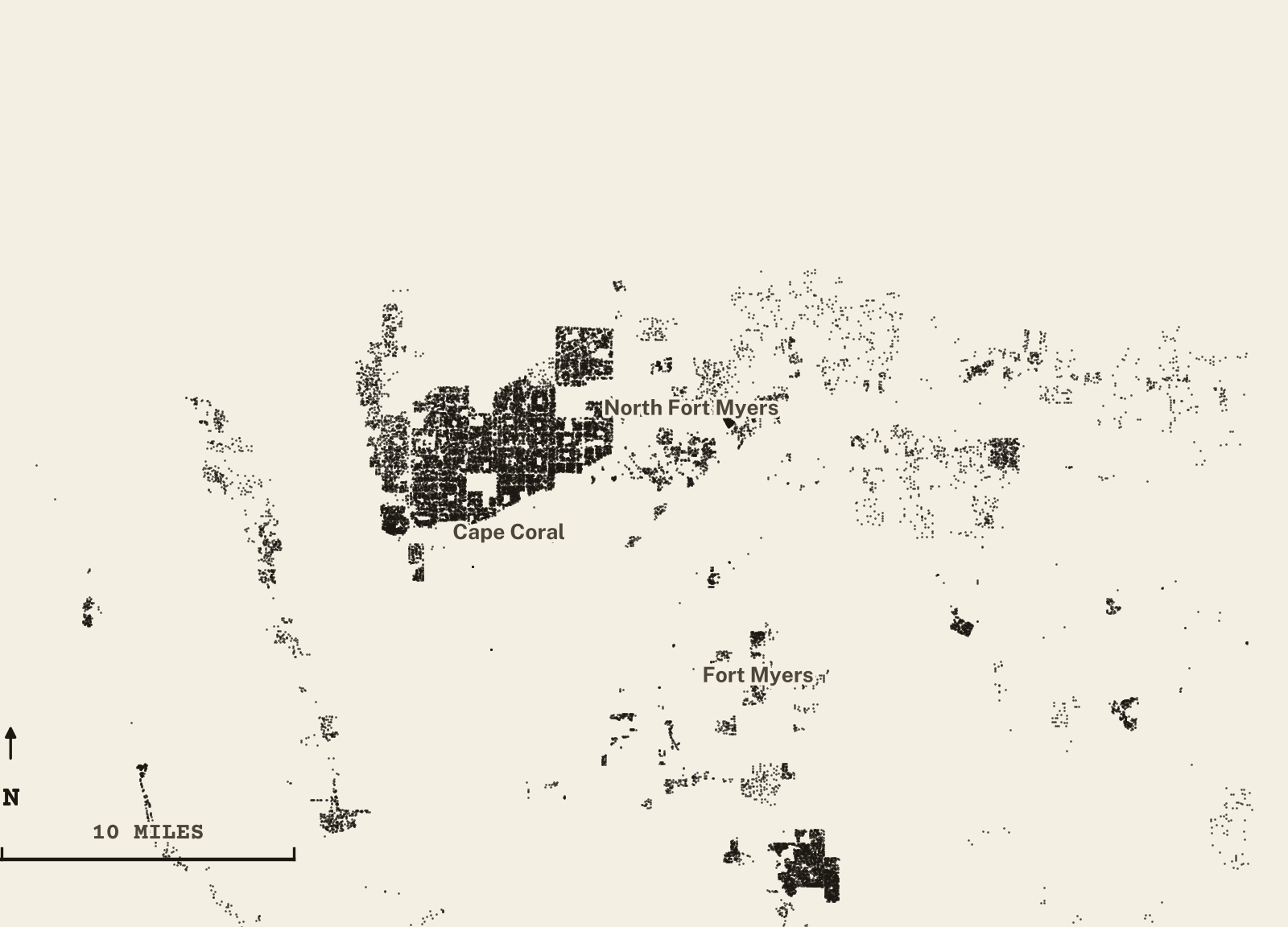 Survey-style map of 23,823 Lee County homes on septic, 15+ years in the ground, shown as ink dots on manila paper