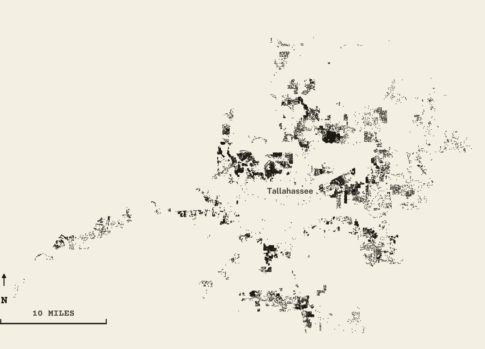 Survey-style map of 20,554 Leon County homes on septic, 15+ years in the ground, shown as ink dots on manila paper