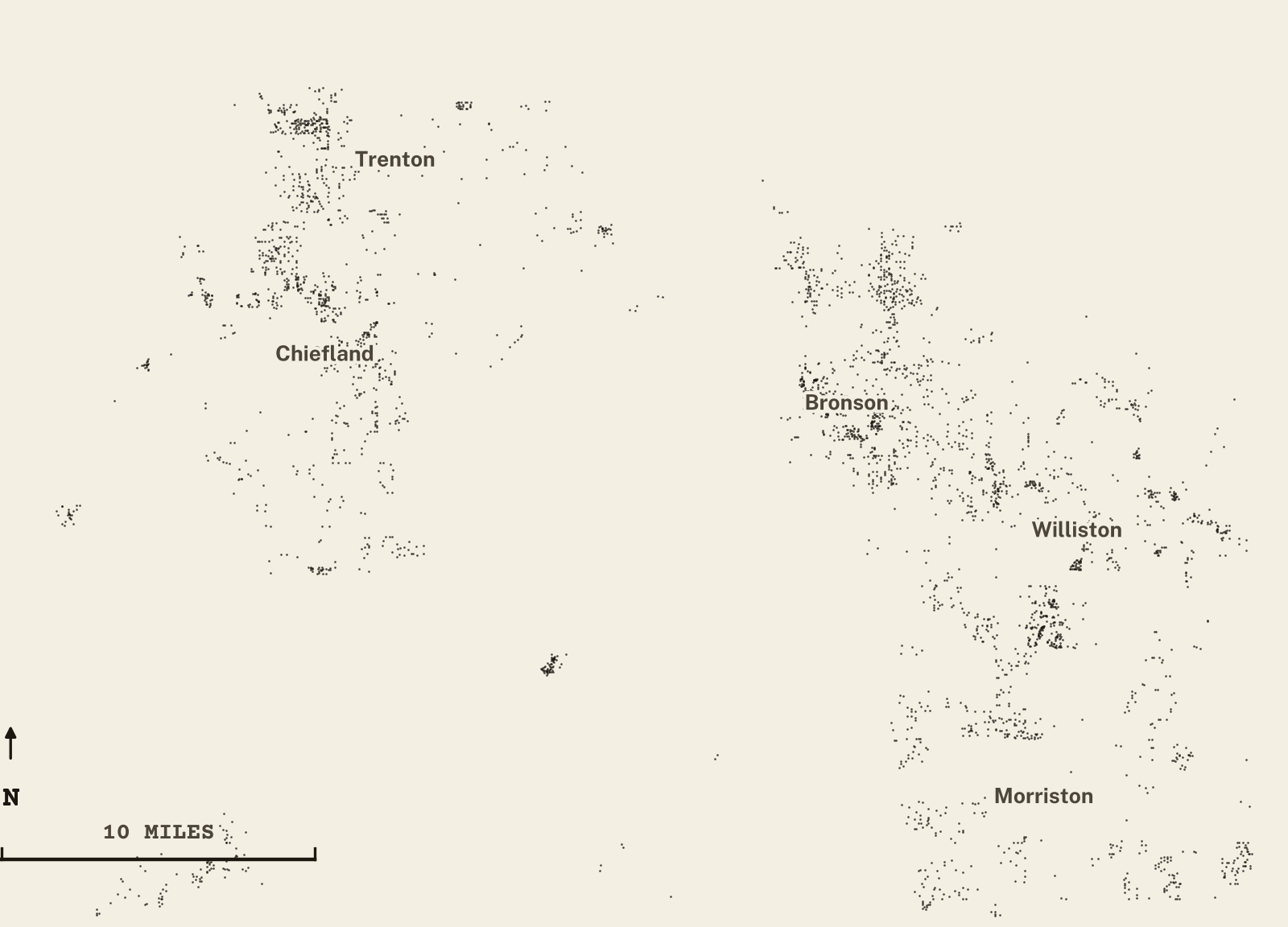 Survey-style map of 3,849 Levy County homes on septic, 15+ years in the ground, shown as ink dots on manila paper