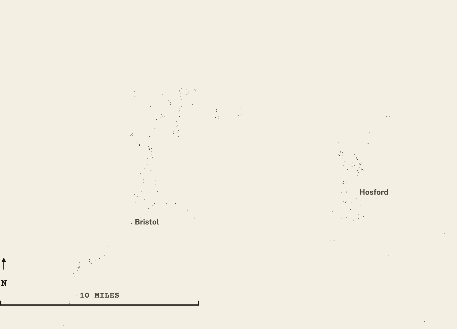 Survey-style map of 200 Liberty County homes on septic, 15+ years in the ground, shown as ink dots on manila paper