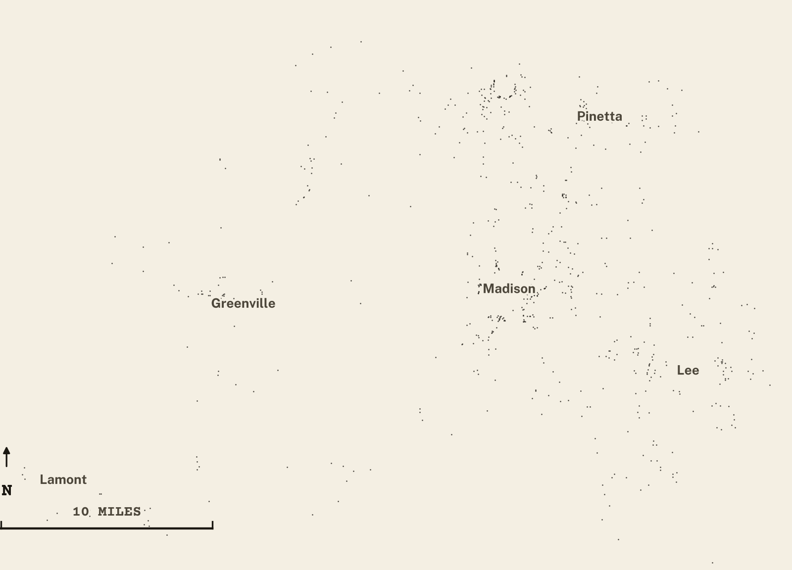 Survey-style map of 683 Madison County homes on septic, 15+ years in the ground, shown as ink dots on manila paper