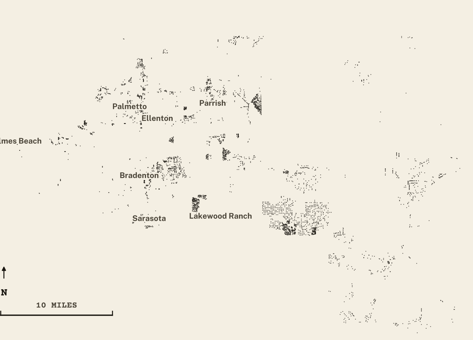 Survey-style map of 4,007 Manatee County homes on septic, 15+ years in the ground, shown as ink dots on manila paper