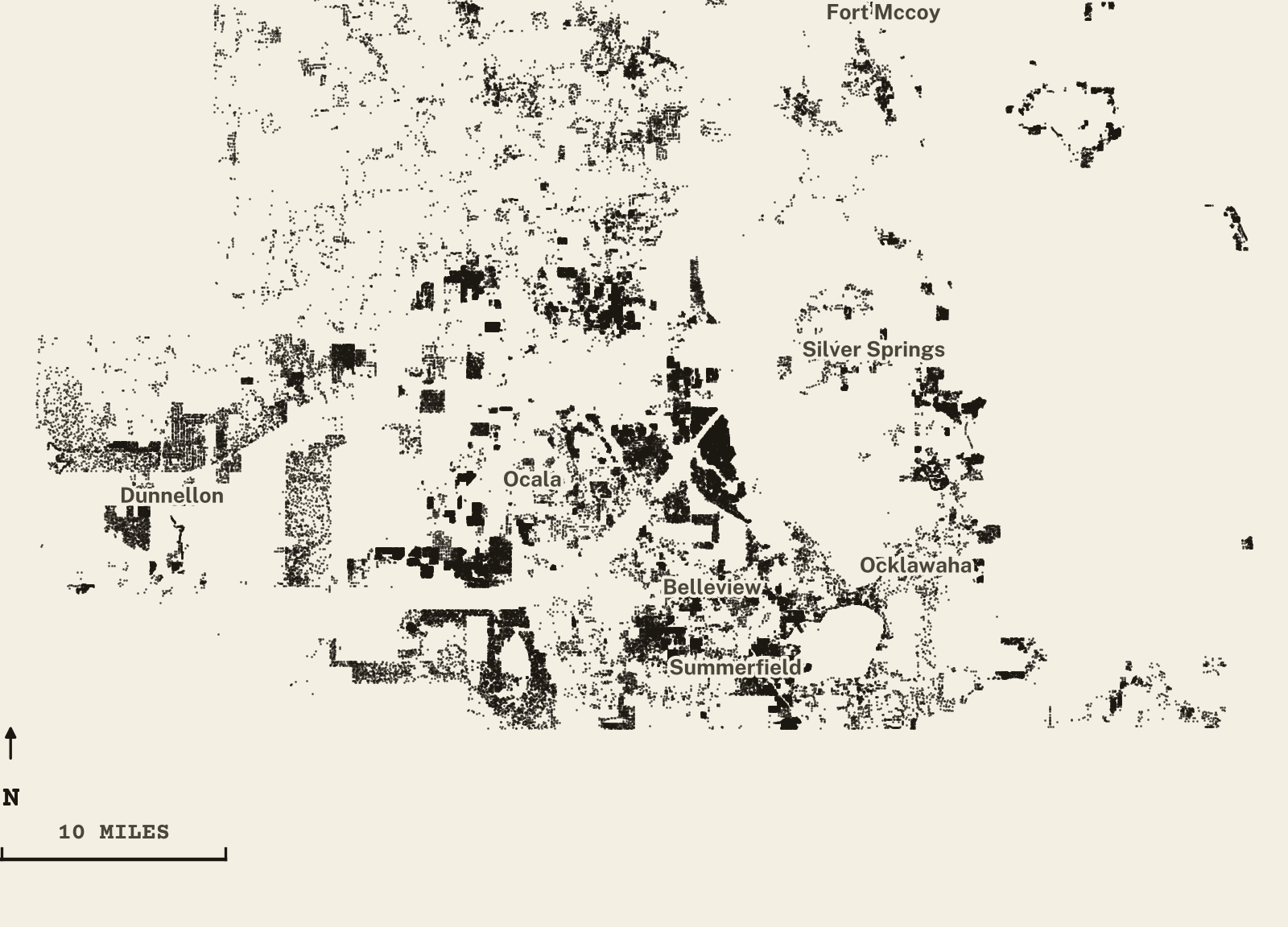 Survey-style map of 77,488 Marion County homes on septic, 15+ years in the ground, shown as ink dots on manila paper