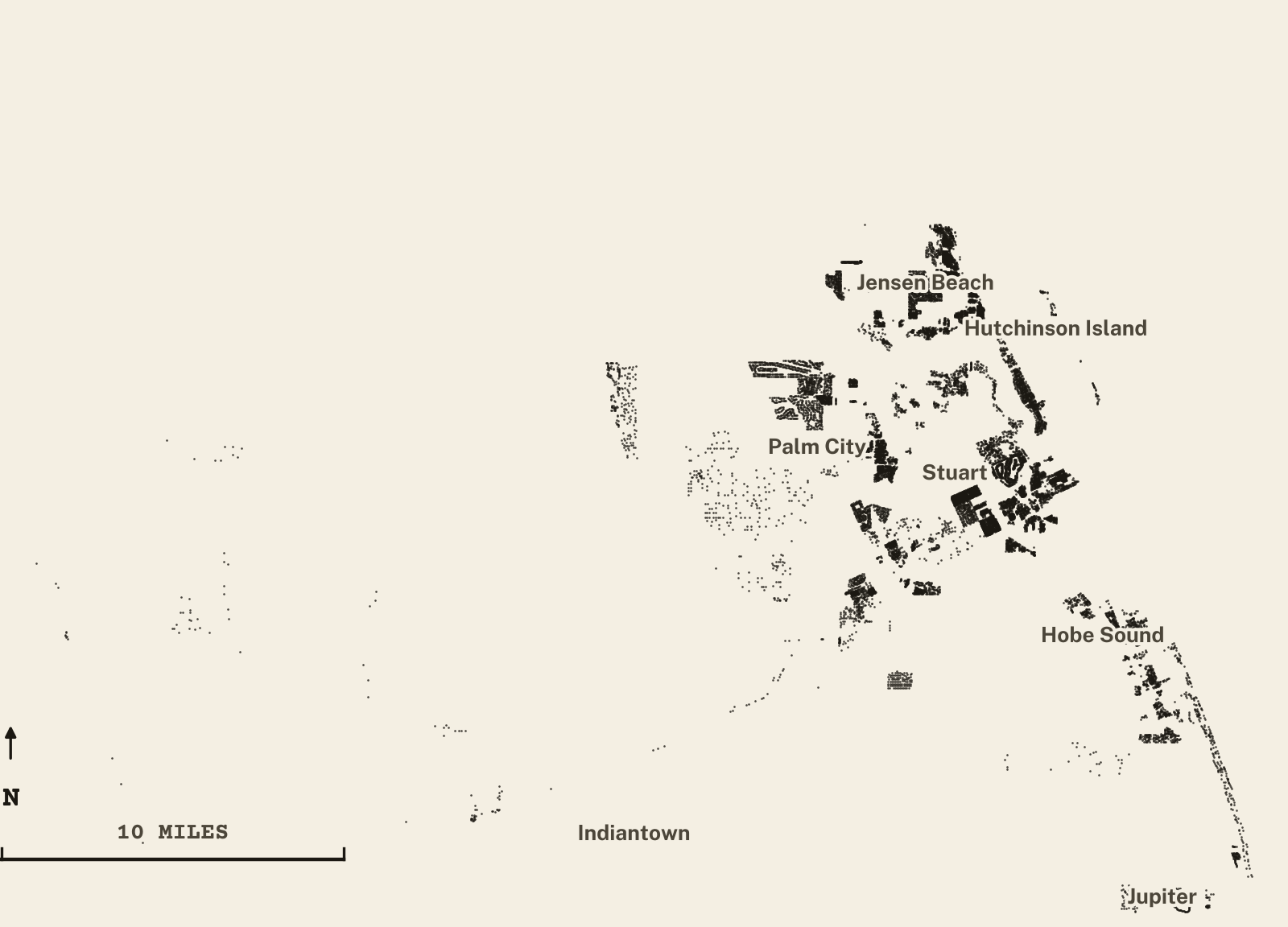 Survey-style map of 15,125 Martin County homes on septic, 15+ years in the ground, shown as ink dots on manila paper