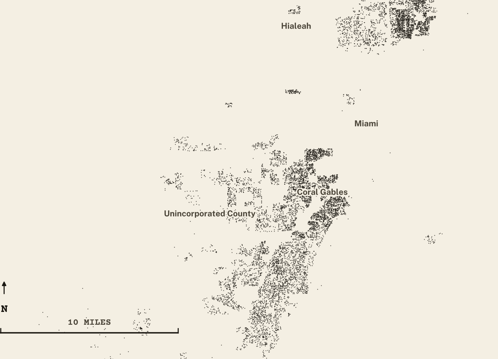 Survey-style map of 14,493 Miami-Dade County homes on septic, 15+ years in the ground, shown as ink dots on manila paper