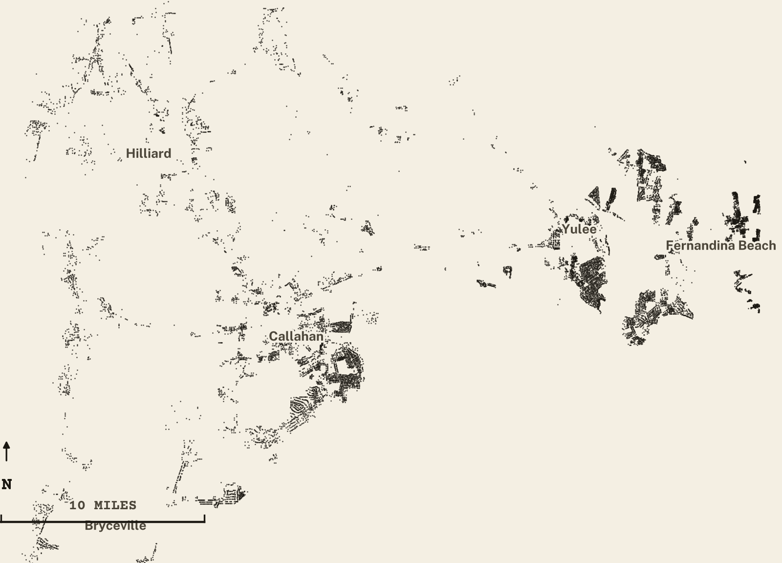 Survey-style map of 13,398 Nassau County homes on septic, 15+ years in the ground, shown as ink dots on manila paper
