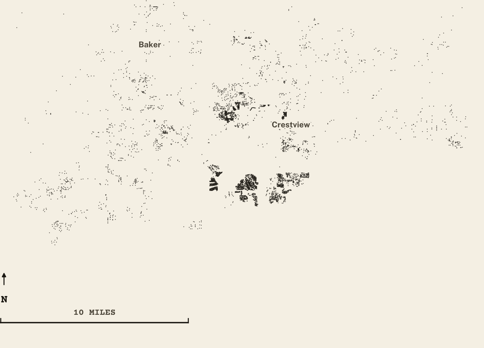 Survey-style map of 5,697 Okaloosa County homes on septic, 15+ years in the ground, shown as ink dots on manila paper