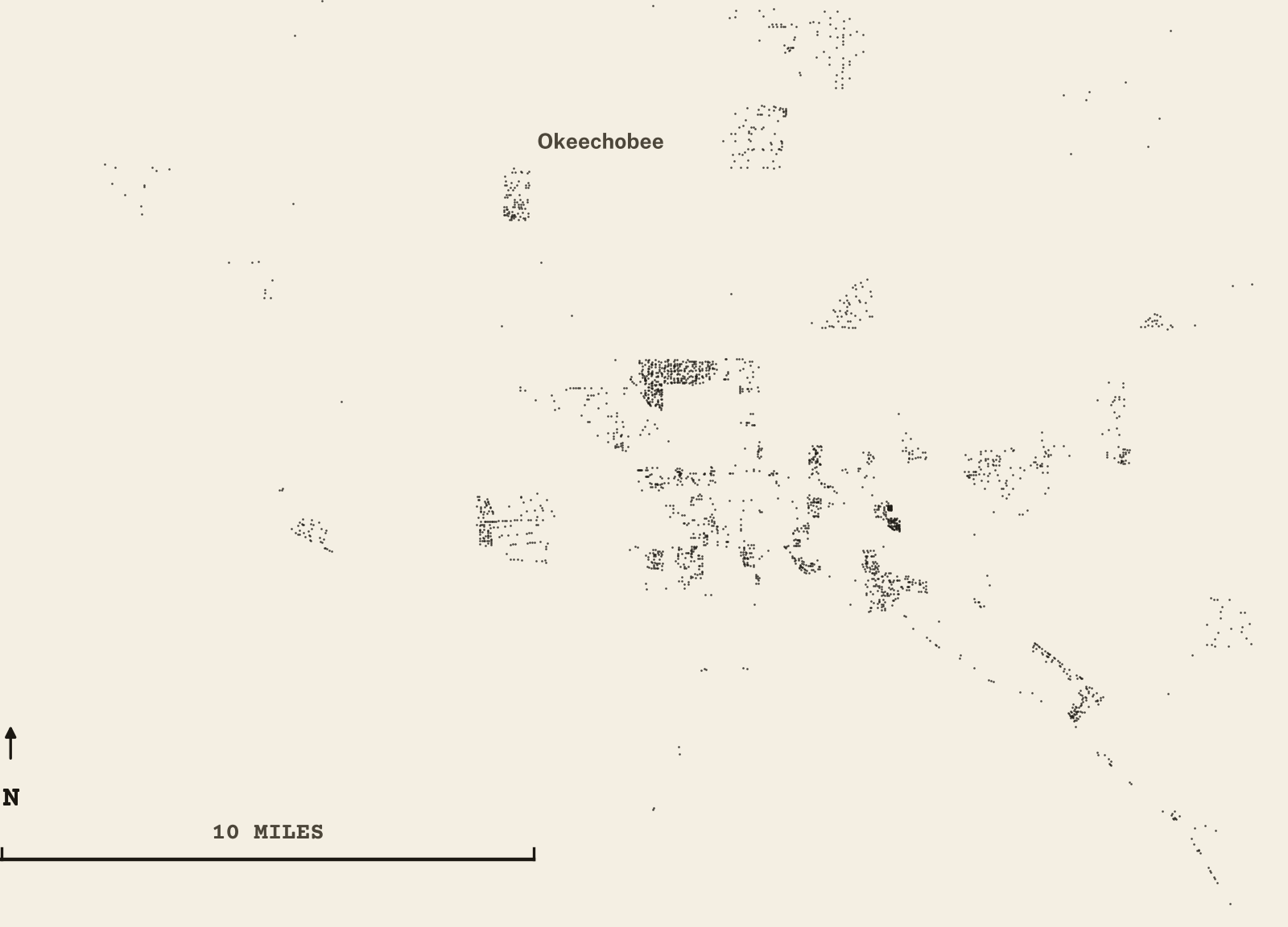 Survey-style map of 2,547 Okeechobee County homes on septic, 15+ years in the ground, shown as ink dots on manila paper
