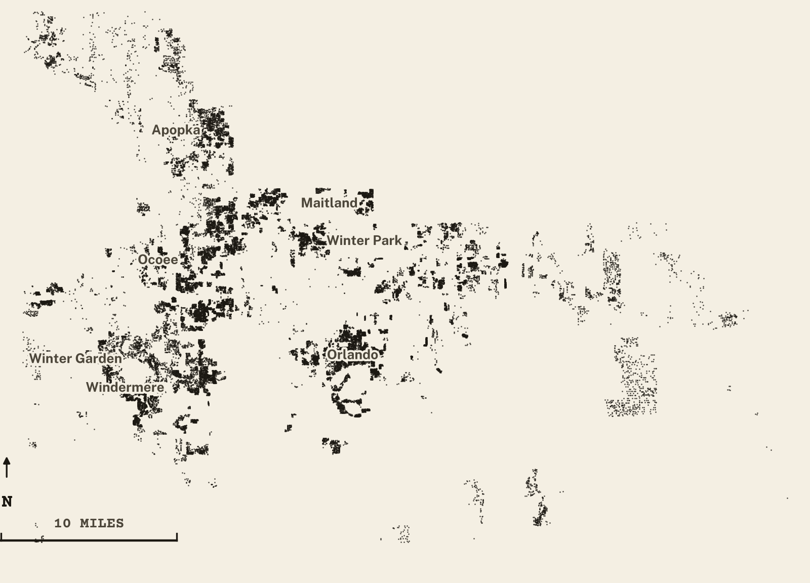 Survey-style map of 31,969 Orange County homes on septic, 15+ years in the ground, shown as ink dots on manila paper
