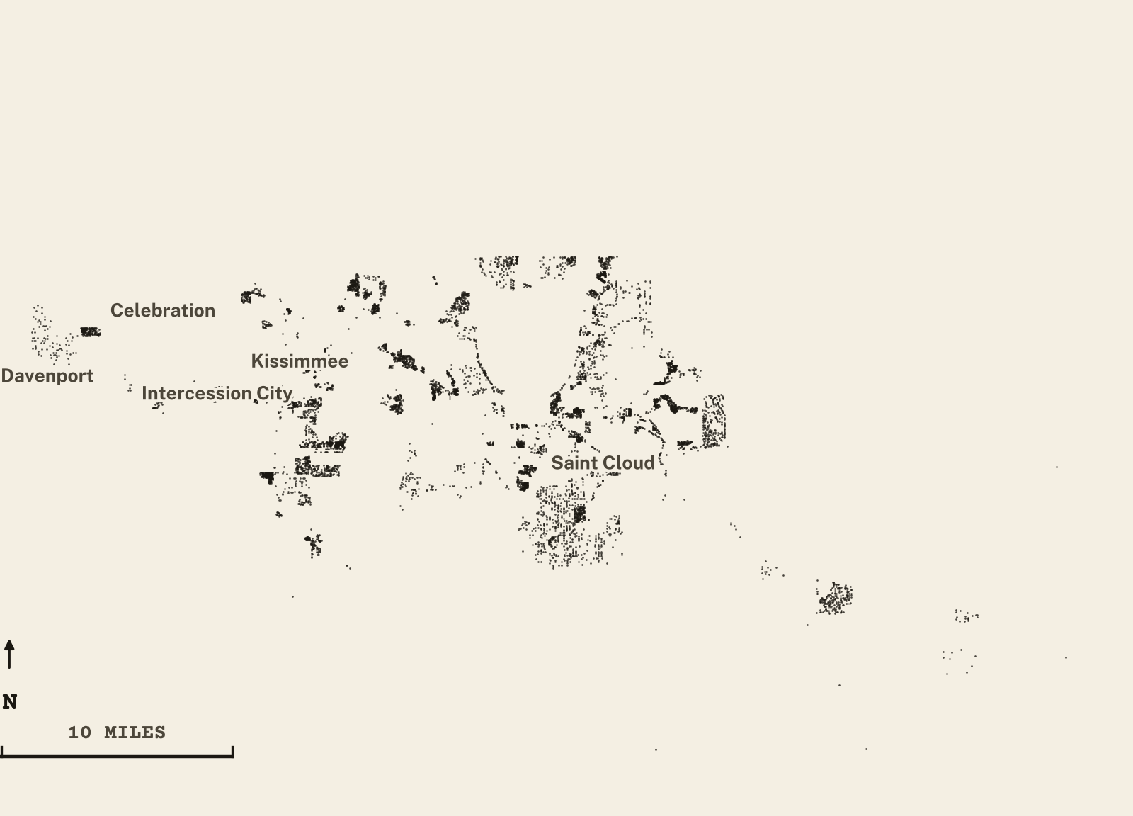 Survey-style map of 7,514 Osceola County homes on septic, 15+ years in the ground, shown as ink dots on manila paper
