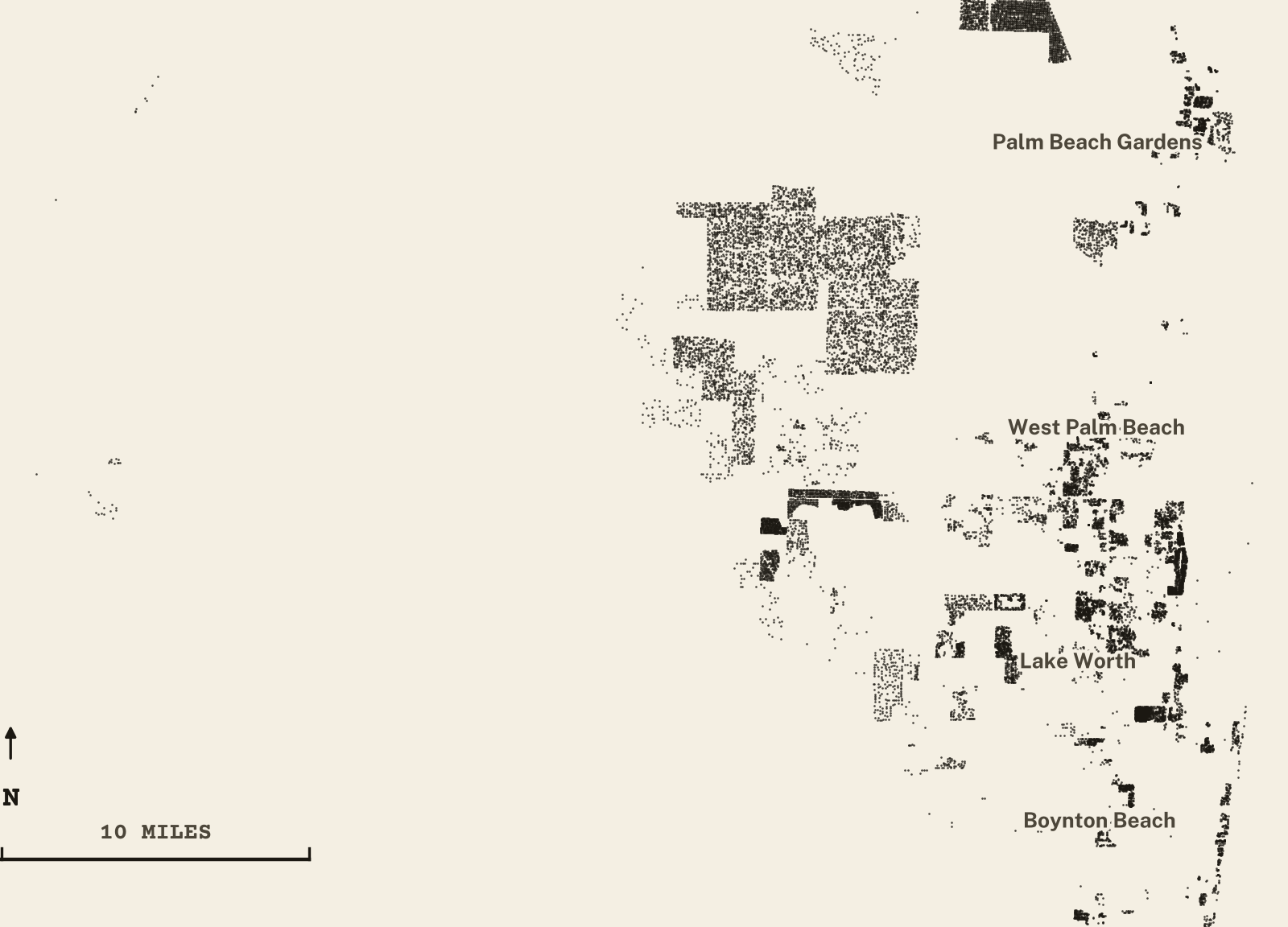 Survey-style map of 21,134 Palm Beach County homes on septic, 15+ years in the ground, shown as ink dots on manila paper