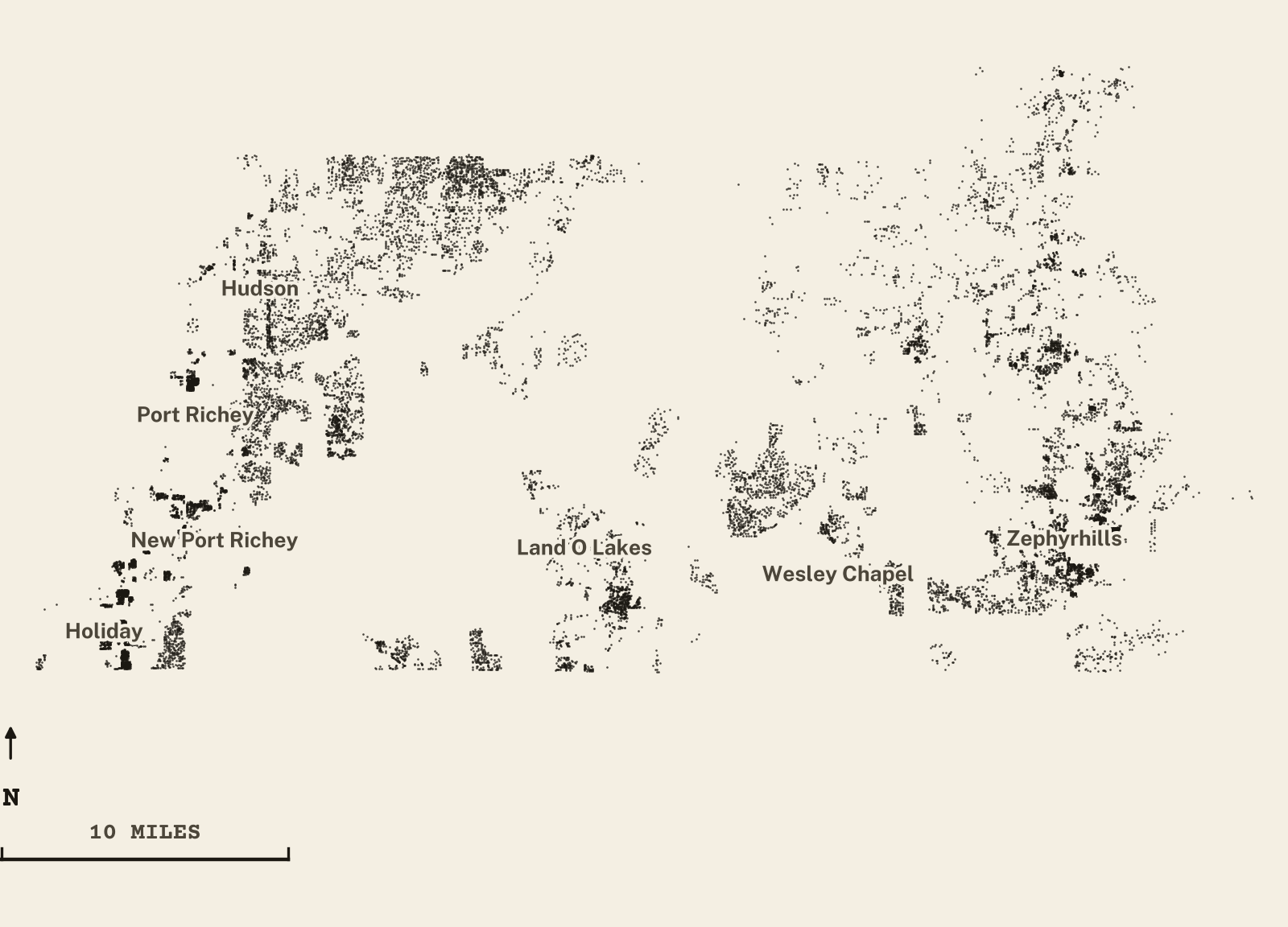 Survey-style map of 16,726 Pasco County homes on septic, 15+ years in the ground, shown as ink dots on manila paper