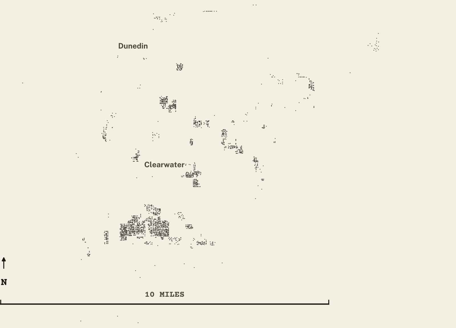 Survey-style map of 3,262 Pinellas County homes on septic, 15+ years in the ground, shown as ink dots on manila paper